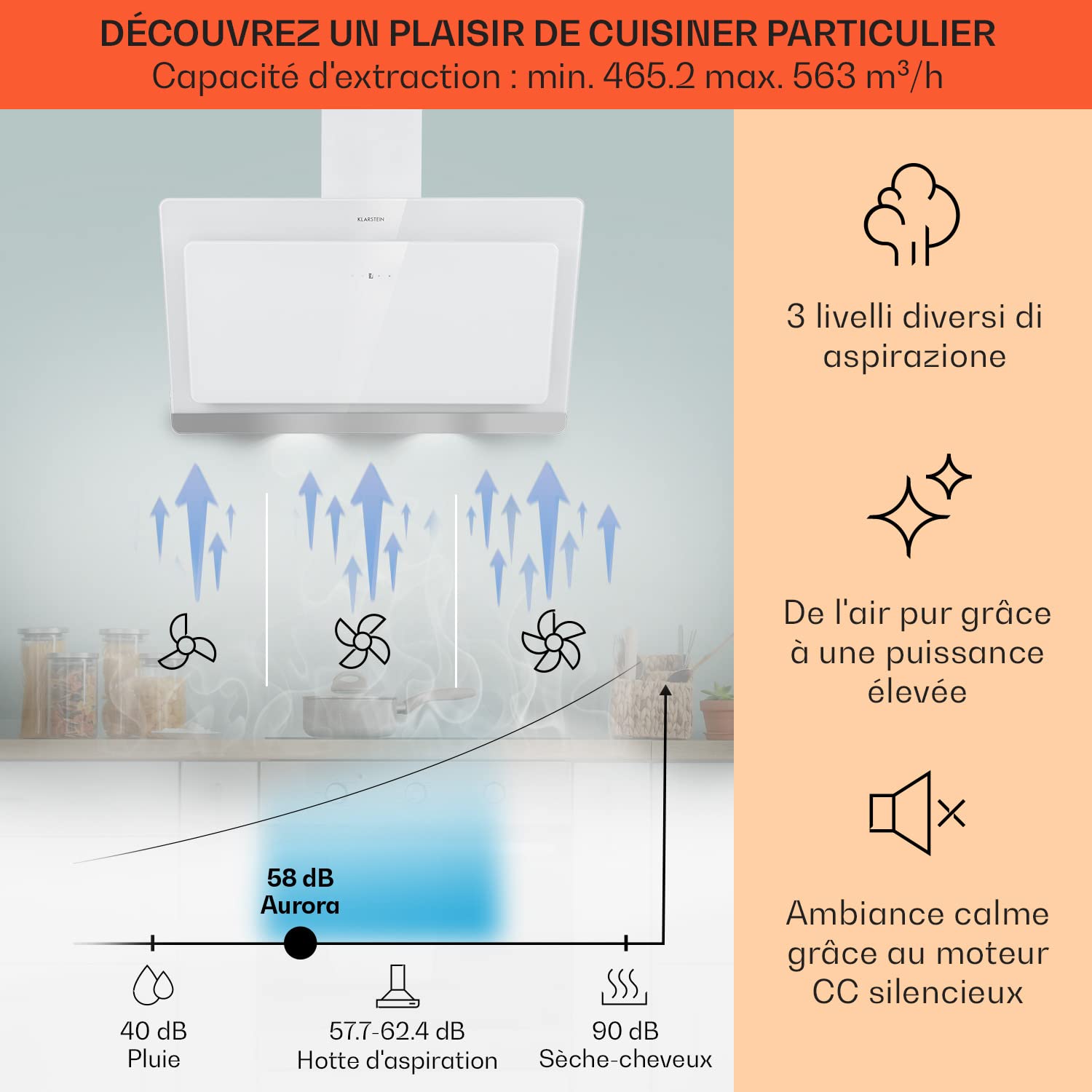 Klarstein Hotte Aspirante 90 cm, Hotte Aspirante Inclinée Silencieuse, de Cuisine 90cm avec Lampes LED RGB, Débit d'Air Puissant 584 m³/h, Efficacité Energétique Classe A, avec Évacuation