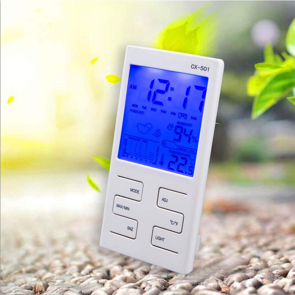 Termómetro Digital higrómetro con retroiluminación LCD Multifuncional para Interiores, medidor de Temperatura y Humedad Digital LCD, Reloj y termómetro