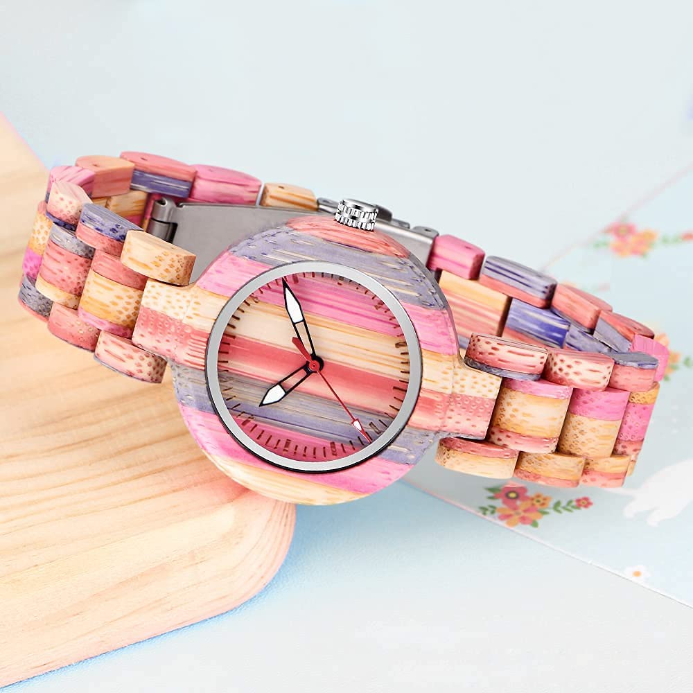 Tiong Orologio da donna in legno di bambù colorato, classico, al quarzo, in legno, analogico, al quarzo, per donne, Wq1066 colorato, Retrò