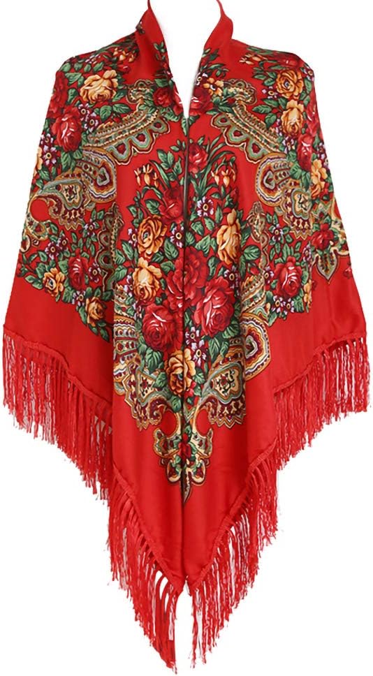 Gudessly 62"*62"Oversized Women's Traditional Retro Scarf Wrap Tassel Fringes Floral Poncho Shawl Printing Shawl
