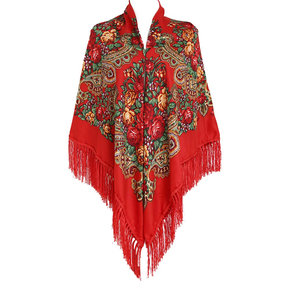 Gudessly62"*62"Oversized Women's Traditional Retro Scarf Wrap Tassel Fringes Floral Poncho Shawl Printing Shawl