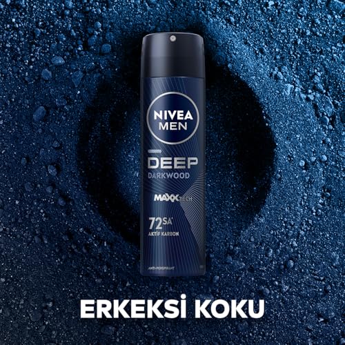 NIVEA MEN Erkek Sprey Deodorant Deep Darkwood 150ml, 72 Saat Anti-Perspirant Ter ve Ter Kokusuna Karşı Koruma, Maskülen Koku,Aktif Karbon