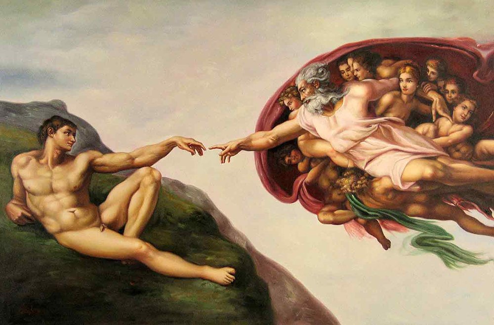The Creation of Adam II Michelangelo grand tableau mat cadre marron