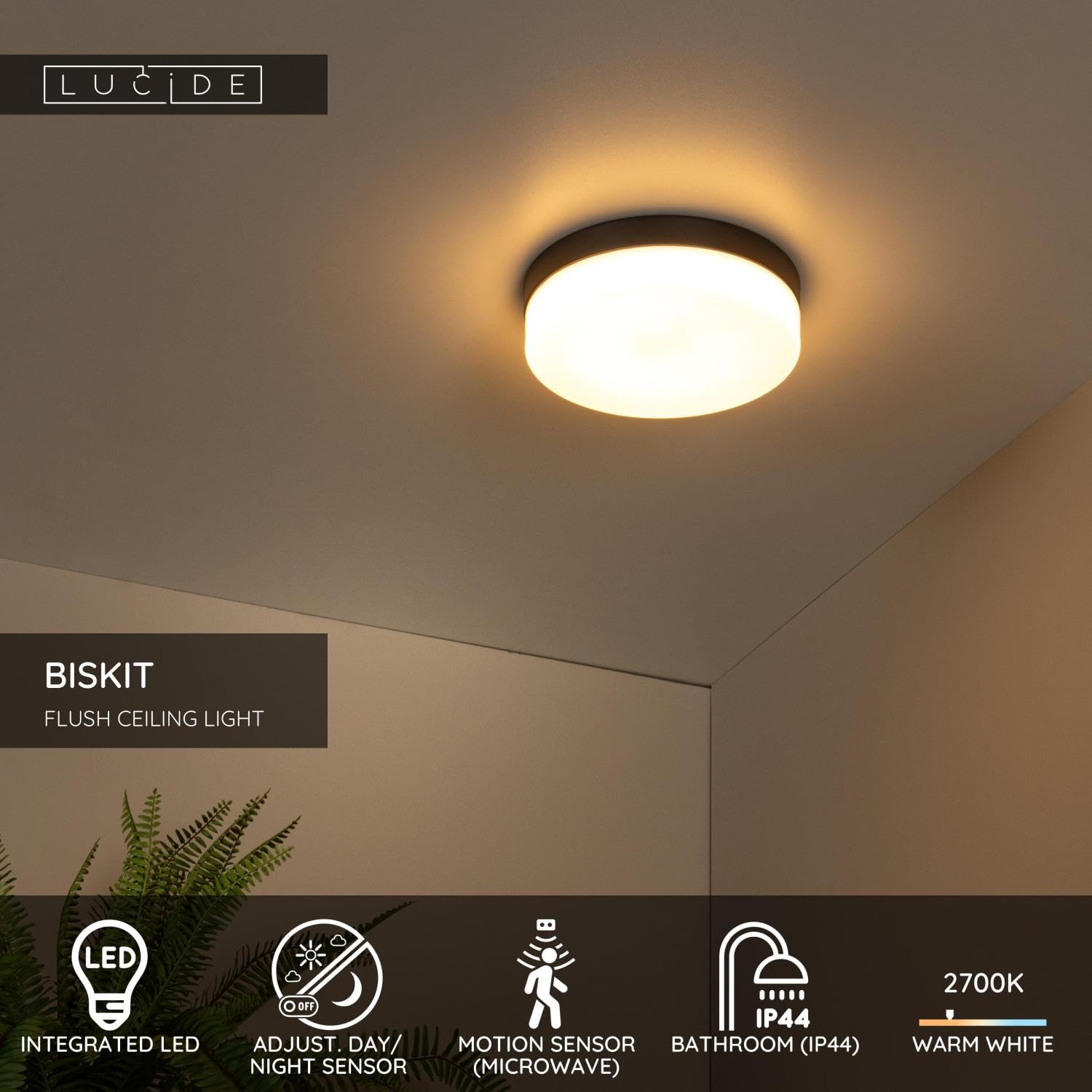LUCIDE BISKIT - Lámpara de techo Baño - Ø 28 cm - LED - 1x18W 2700K - IP44 - Sensor movimiento - Negro