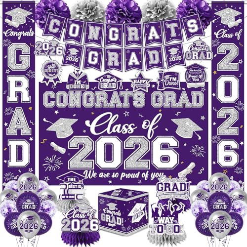 Purple and Silver Graduation Decorations 2026 Set All-in-1 Kit with Congrats Grad Banner Class of 2026 Backdrop Porch Sign Balloons Centerpieces Card Box Pom Poms Streamers for College High School