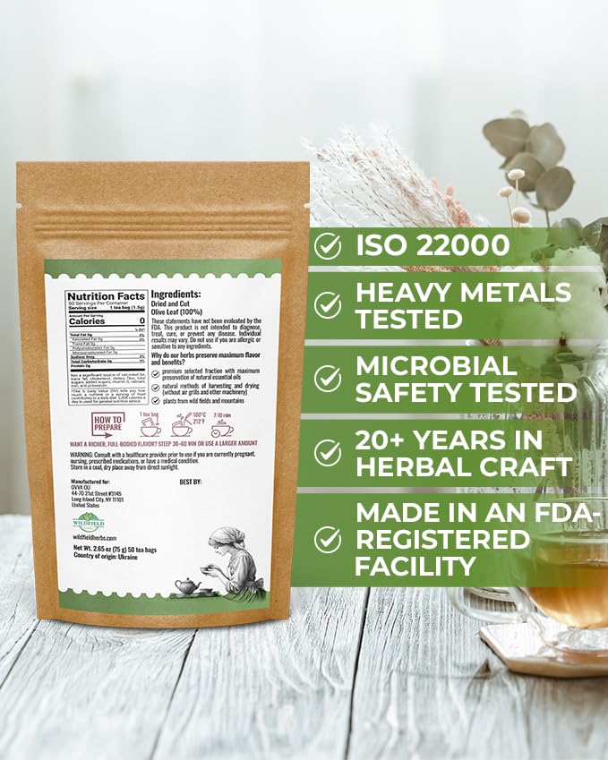 Image of 50 Bags Olive Leaf Tea Dried Olive Leaf Herbal Tea (Olea Europaea) - 50 Count 1.5 g Bags Hojas De Olivo Secas
