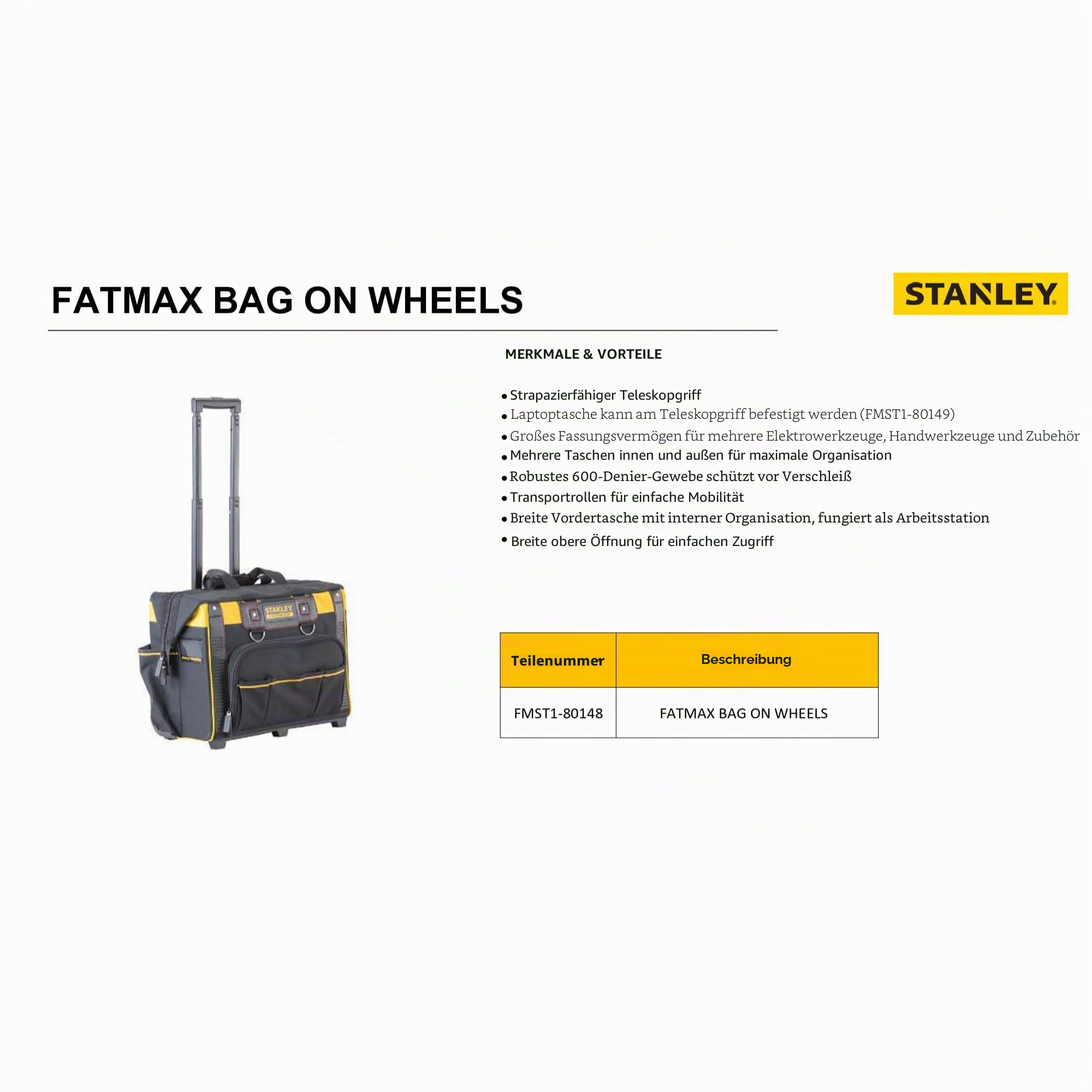 STANLEY FatMax Werkzeugkoffer mit Rollen Werkzeugbox rollend Werkzeugkasten - Werkzeugkiste (mit leichtgängigen Rollen, strapazierfähige, große Öffnung, Teleskopgriff, Maße 50x36 x41 cm) FMST1-80148