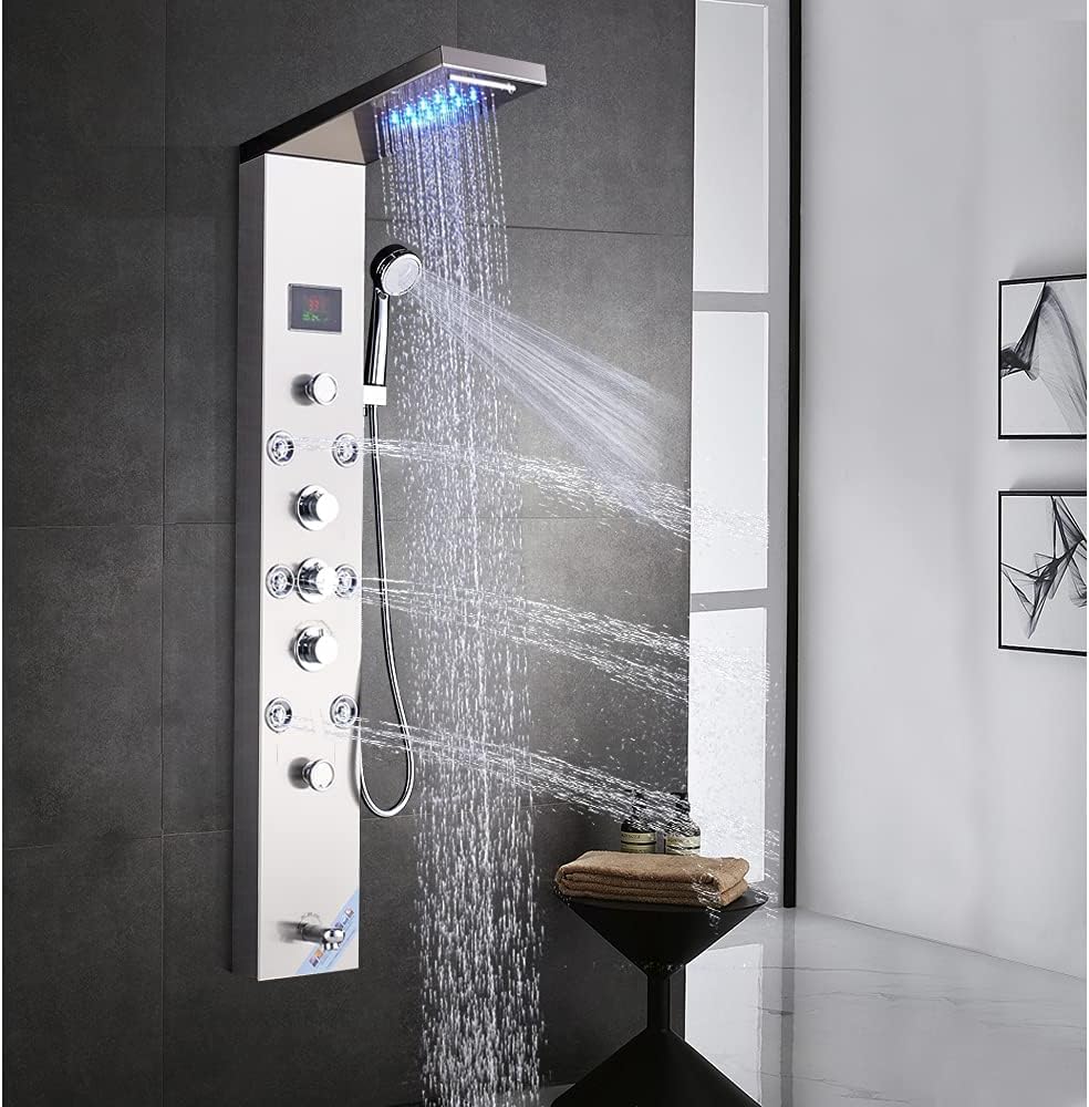 LED Columna de ducha de hidromasaje panel de ducha con 5 funciones de acero inoxidable 304, mezclador de masaje, cabezal de ducha fijo, ducha y boca bañera para baño