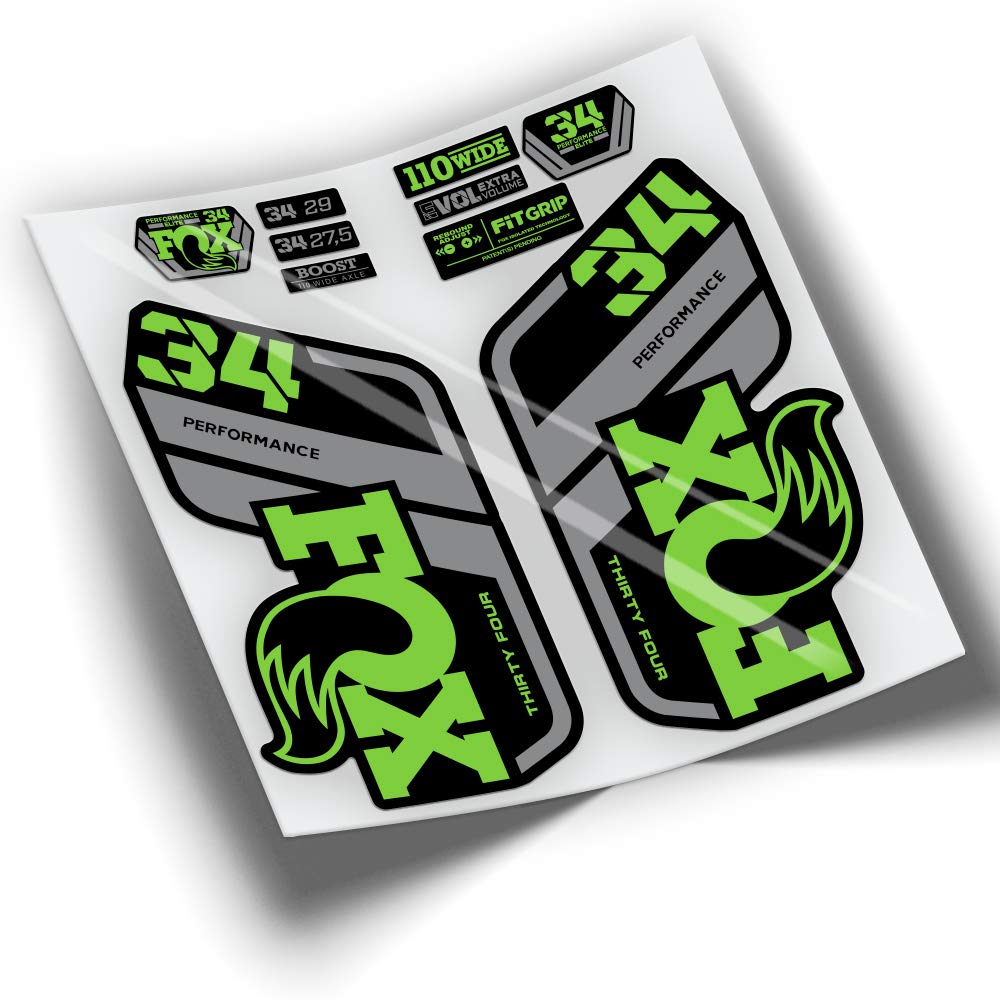 Rif:VP416 Adesivi compatibili con forcella FOX 34 PERFORMANCE 2021-2025 BICOLOR MTB, adesivi, adesivi, adesivi per mountain bike. (VERDE 531)