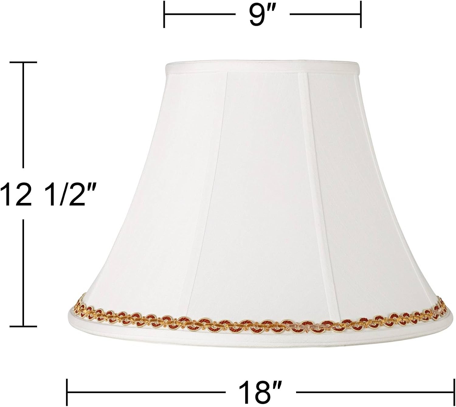 White Fabric Large Bell Lamp Shade with Gold and Rust Trim 9" Top x 18" Bottom x 13" High (Spider) Replacement with Harp and Finial - Imperial Shade