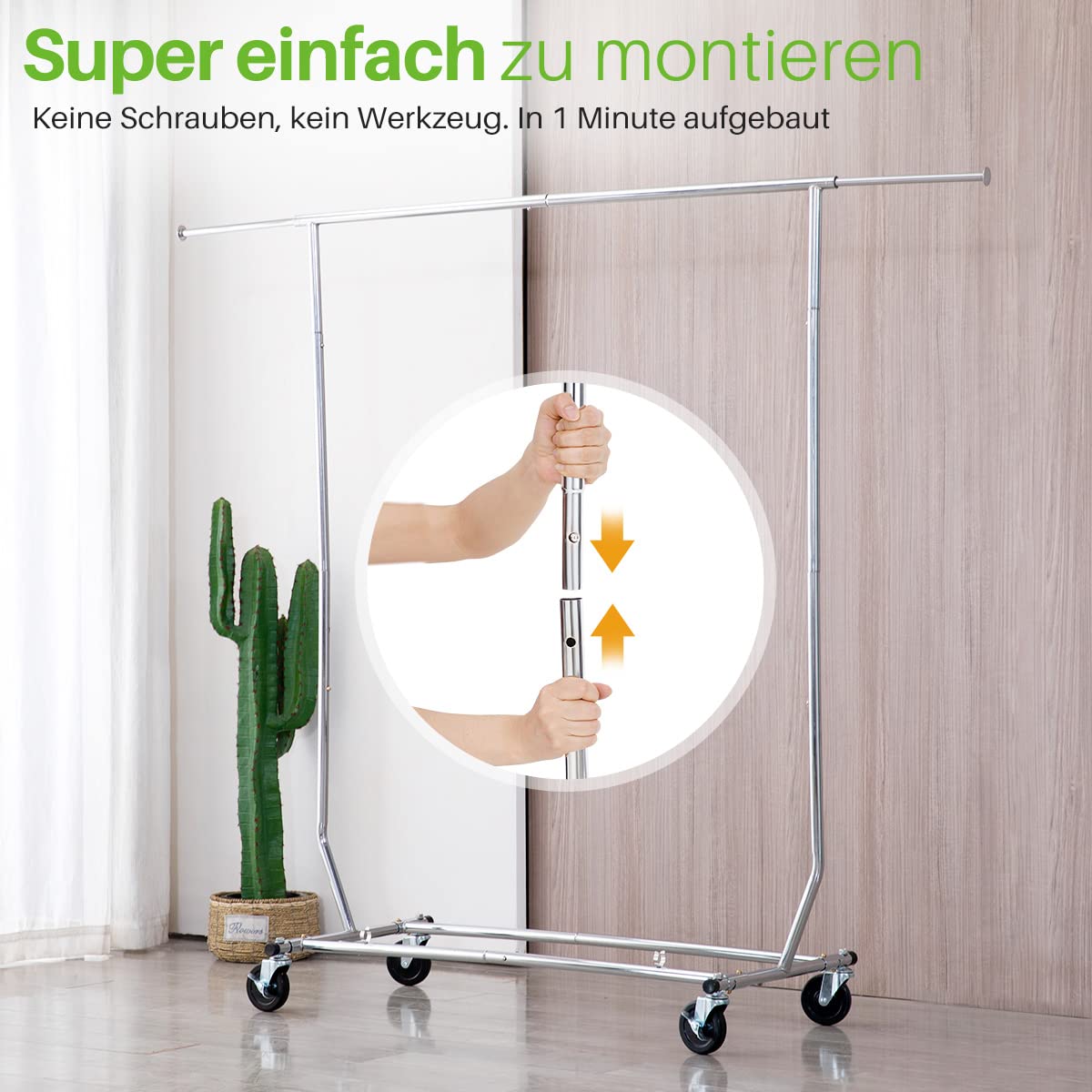 HOKEEPER 113kg Tragfähigkeit Kommerzielle Grade Kleidung Kleiderständer Heavy Duty Sing Rail Einstellbare zusammenklappbare Rolling Kleiderständer auf Rädern,Chrom Finish | Heavy Duty, kommerziell, zum Aufhängen von Kleidung, 4 Rollen, 2 feststellbar, ein