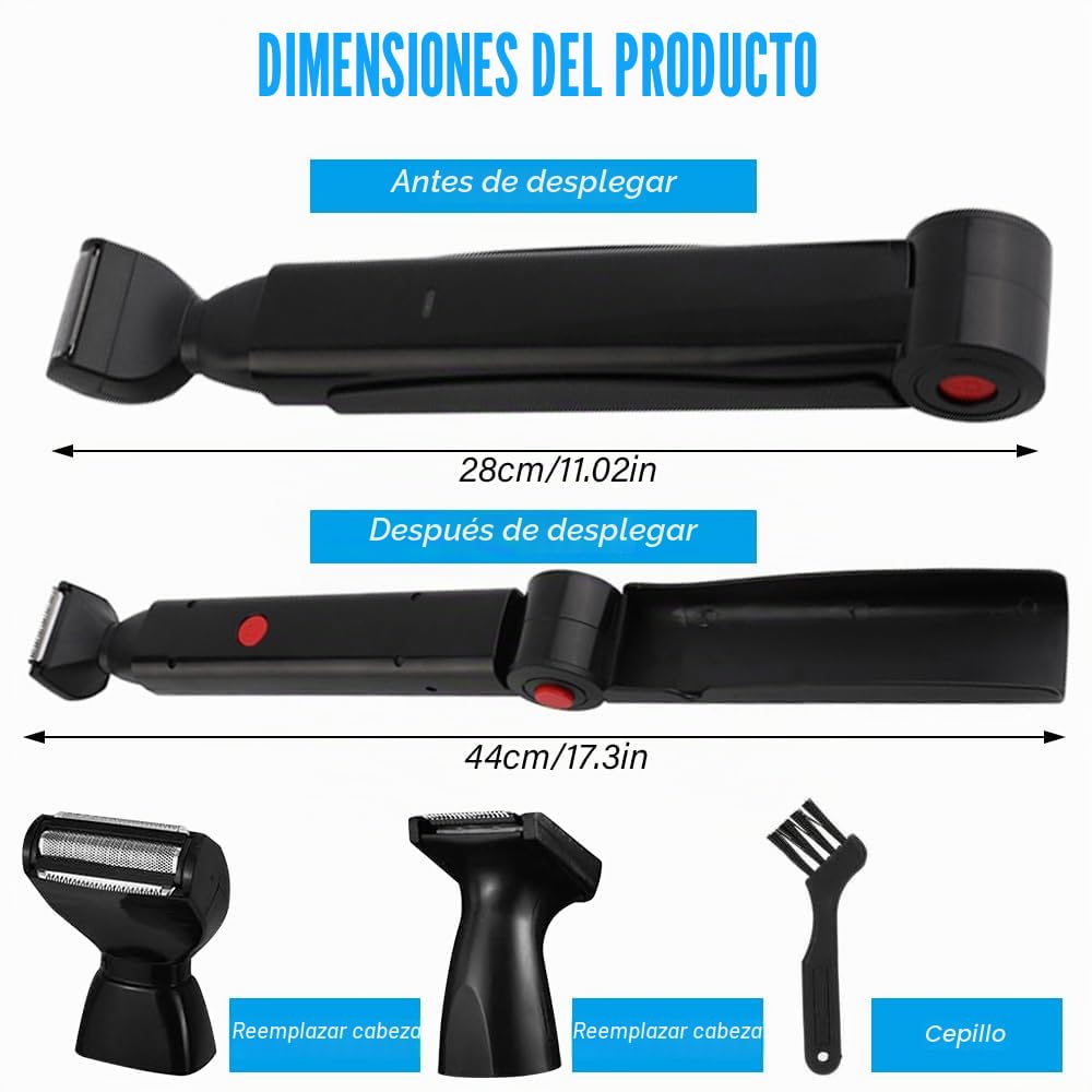 Afeitadora de Espalda para Hombre, USB Depiladora Corporal Hombre con 2 Cabezales de Afeitado Desmontable y Mango Ergonómico Extensible, Plegable, para Espalda, Pecho y Hombros
