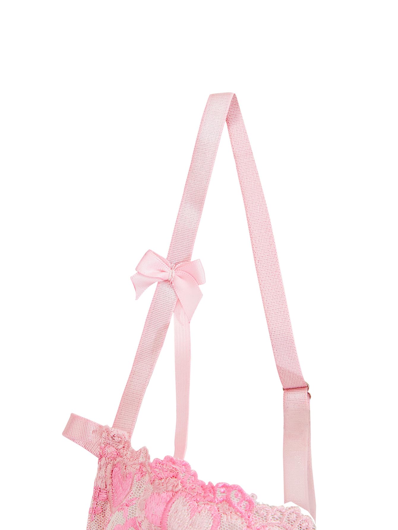 Lilosy Sexy Tie Side Cute Underwire Push Up Strappy Embroidered Mesh Sheer Lingerie Set: Bow X-Large Bow Hearts Pink