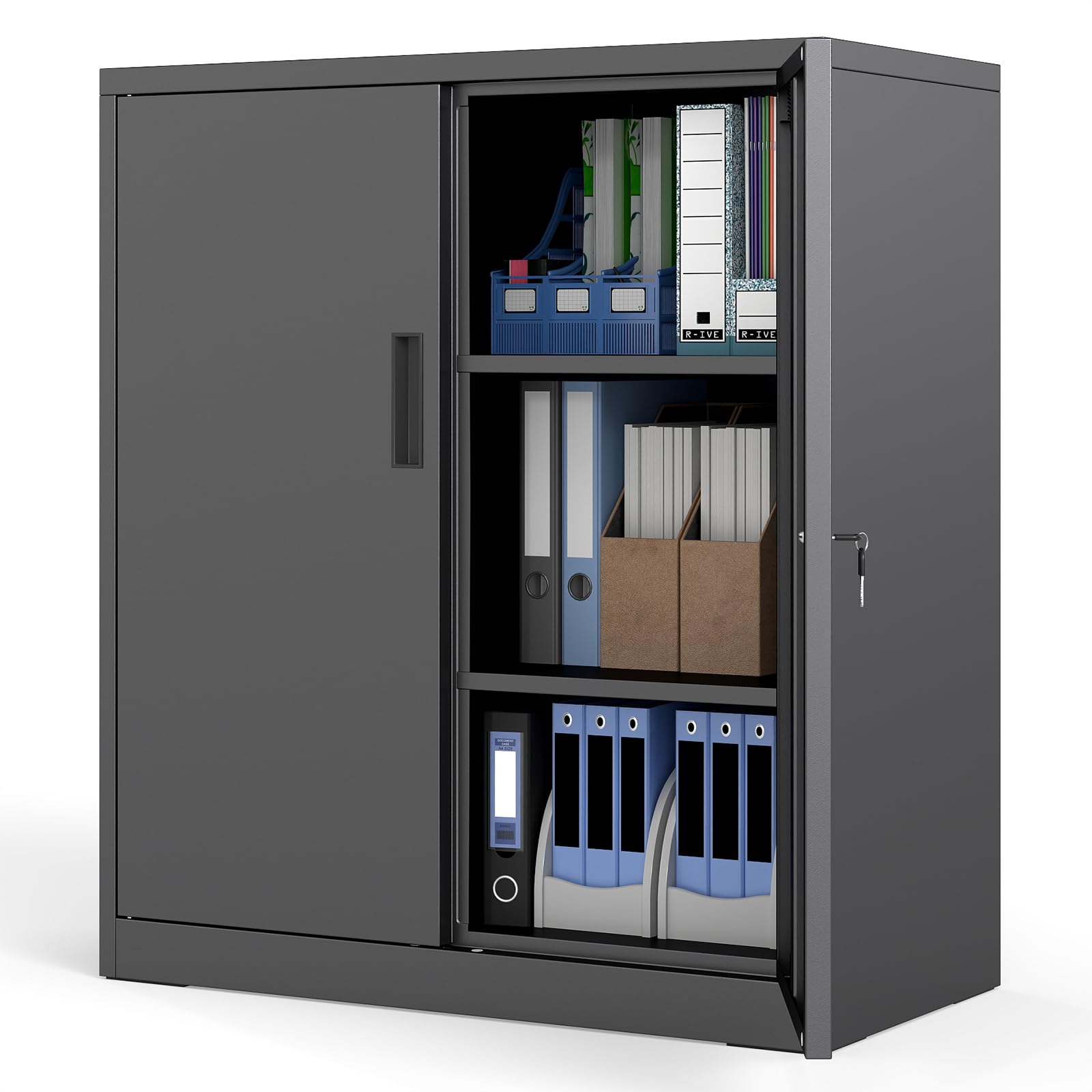 TANGZON Metal Storage Cabinet, 91/180CM Steel Cupboard with 2 Lockable Doors, 2/4 Adjustable & Detachable Shelves, Multipurpose Office File Cabinet for Warehouse Garage Home (2 Shelves, 80x40x91cm)