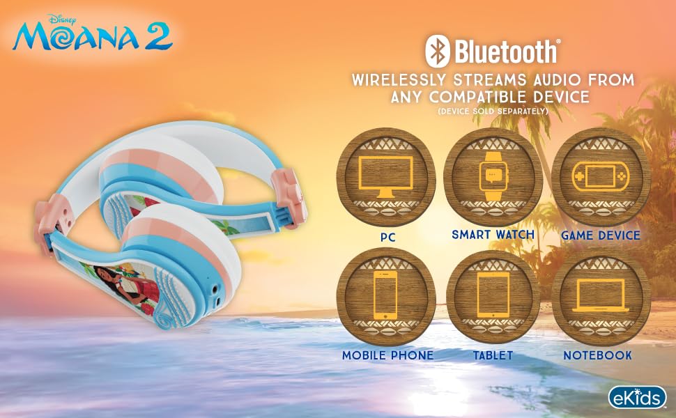 Image of Disney Moana 2 Bluetooth Headphones for Kids Wireless Headphones for School | Volume Reduced and Built-in Microphone