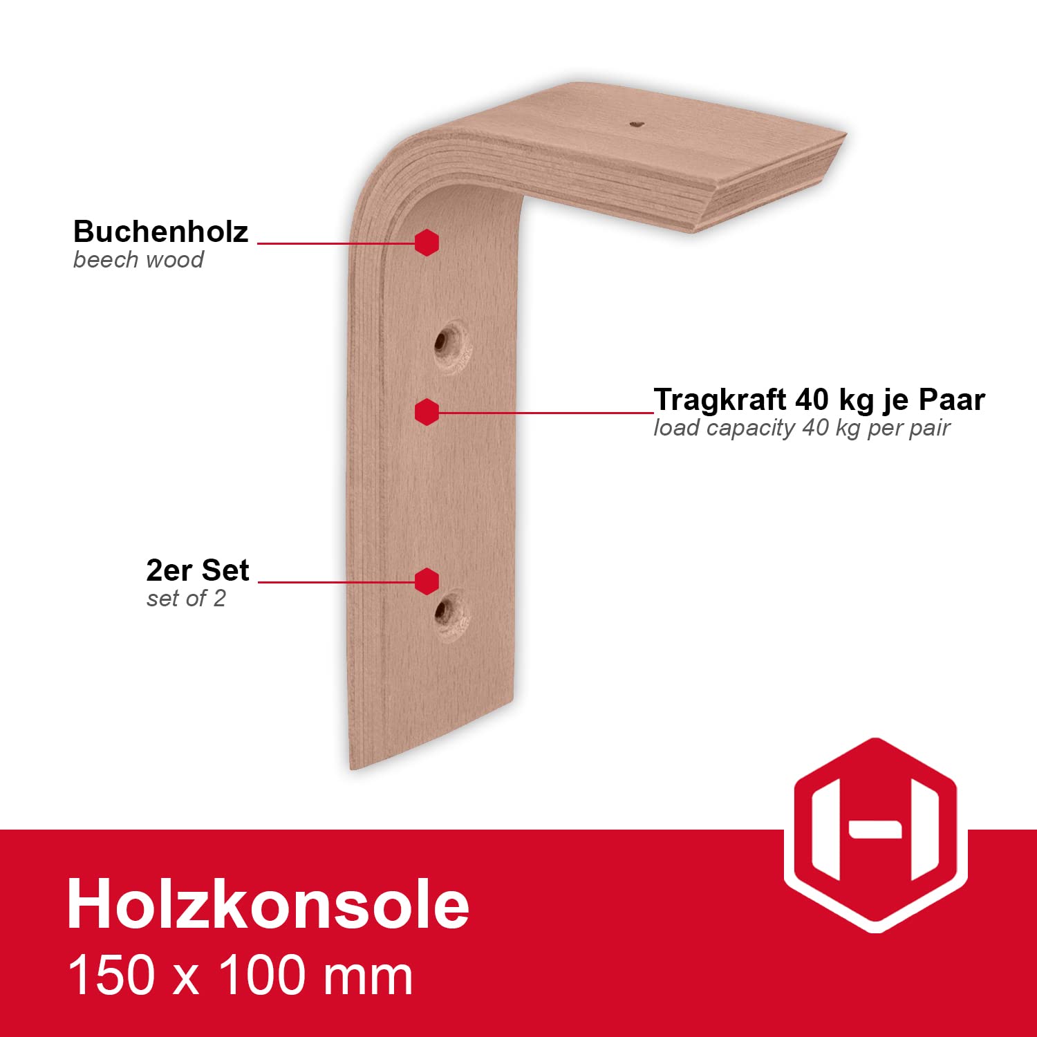 Gedotec Holzkonsole Wand-Winkel | 10 Stück - Regalwinkel aus Buche | 150 x 100 mm | COUNTRY | Regal-Halter aus massivem Naturholz | Träger in L-Form | Konsolen geeignet für Bücherregale
