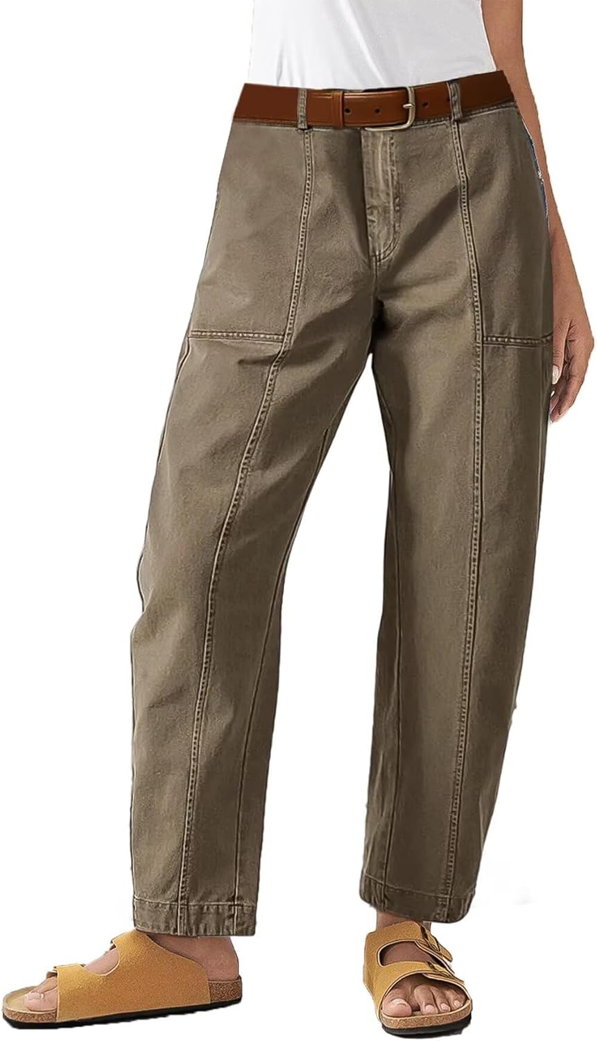 Flamingals Women’s Mid Waist Crop Pants Carrot Straight Leg Casual Fashion Trendy Stitch Detail Pants