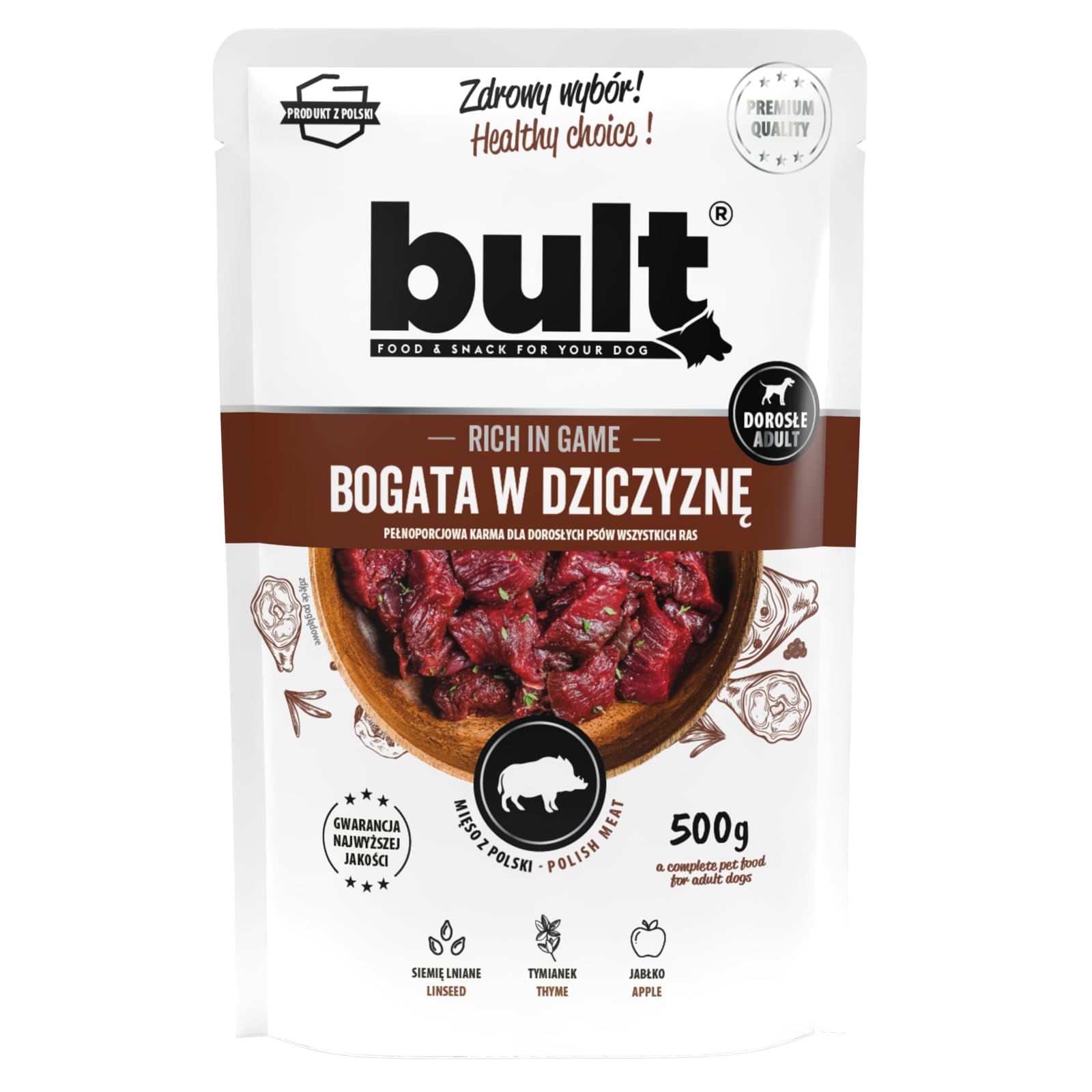 BULT, Mokra Karma dla Psa, Mix Smaków (Dorsz, Dziczyzna, Indyk, Jagnięcina, Kaczka, Wołowina), 500g x 10 Saszetek, Mielonka, dla Dorosłych Psów, bez Sztucznych Dodatków