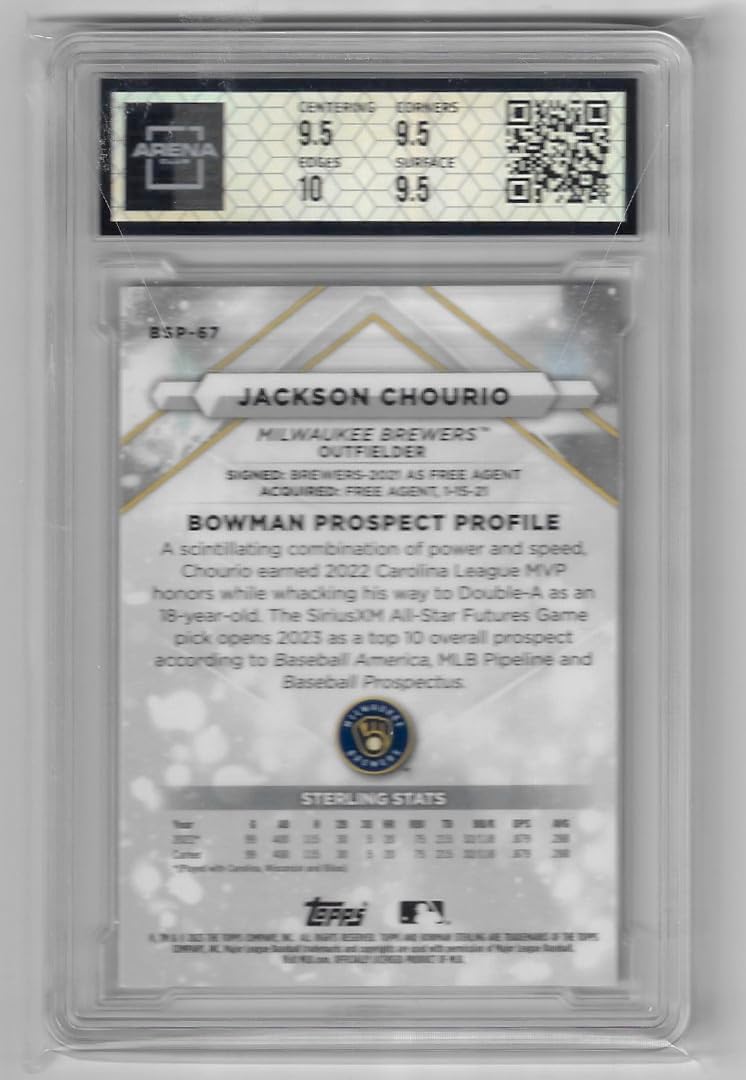 Jackson Chourio Arena Club Graded 10 Gem Mint Sterling Prospect Collectible Baseball Card Card - 2023 Bowman Sterling Baseball Card #BSP-67 (Brewers)