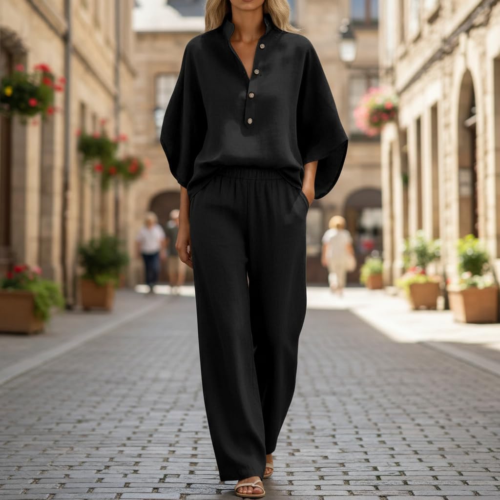 Générique Tenue d'Été Femme en Lin, Haut à Col V Manches Longues/Courtes, Pantalon Taille Élastique Couleur Unie, Ensemble Léger pour Plage, Jogging, Grandes Tailles
