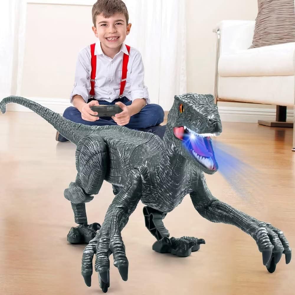FRUSE Dinosaurios Juguetes,2.4GHz Dinosaurio Teledirigido con luz LED y,Rugido, Caminando Realistas,Juguetes de Robot Velociraptor con Batería Recargable para Niños de 3 4 5 6 7 8 9 Años