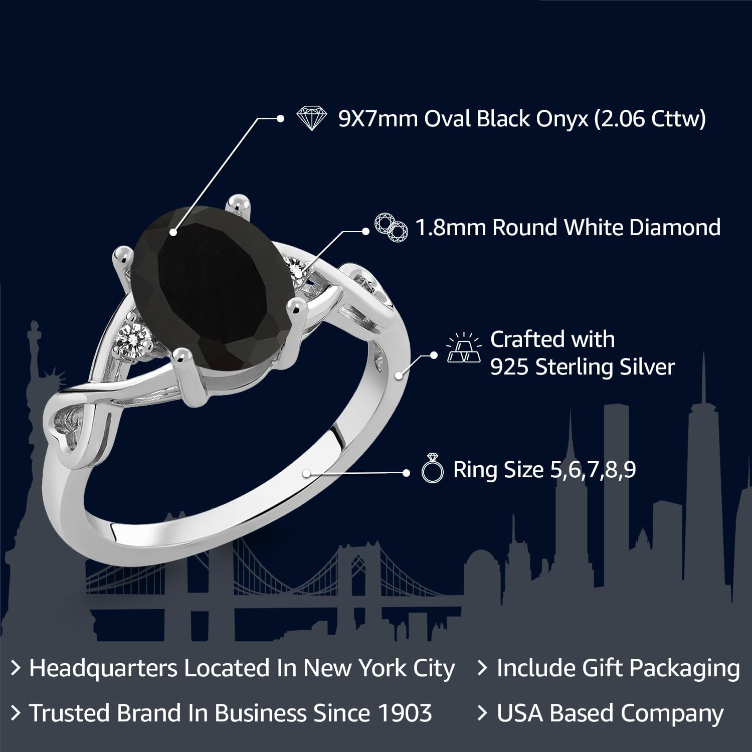 Gem Stone King 2.06 Cttw Black Onyx and White Diamond 3-Stone Ring For Women | 925 Sterling Silver | Center Oval: 9X7MM | 3 Stone Wedding Engagement Anniversary Promise Ring For Women