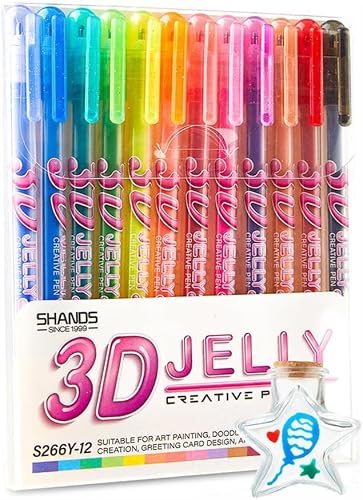 SAKINU 12 Colors 3D Jelly Pens Stereo Effect DIY Drawing Gel Pens Kids Craft Journal Decor Marker Set