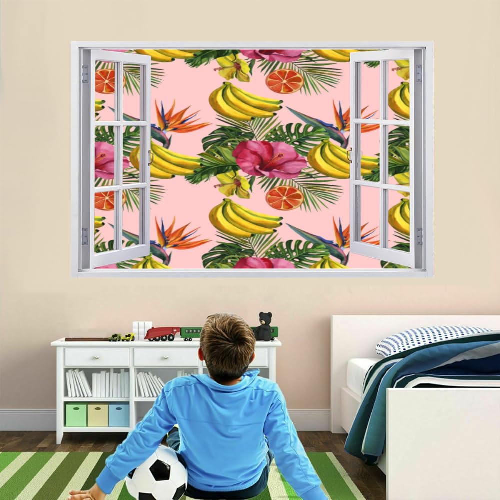 3D Smashed Wall Effect Banana Waterproof Wall Stickers Art Removable Flower Vinyl Wall Decal for Kids Boys Girls Nursery Home Bedroom Wall Décor 30"W x 20"H