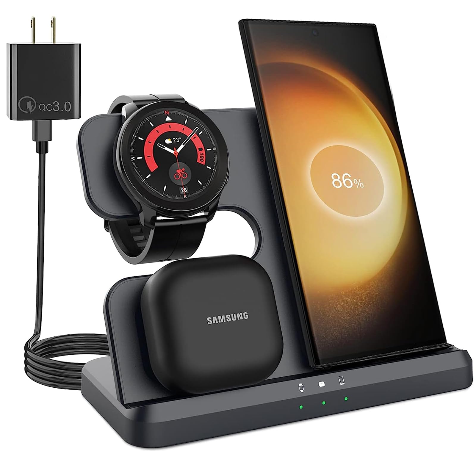 3 in 1 Wireless Charger for Samsung,Samsung S23 Ultra Charger for S24ultra/S22Ultra/S23/Z Fold4/Flip4/Google Pixel,Galaxy Watch6/6 classic/5/4 Charger,QC3.0 fast charging for Galaxy Buds (QB10)