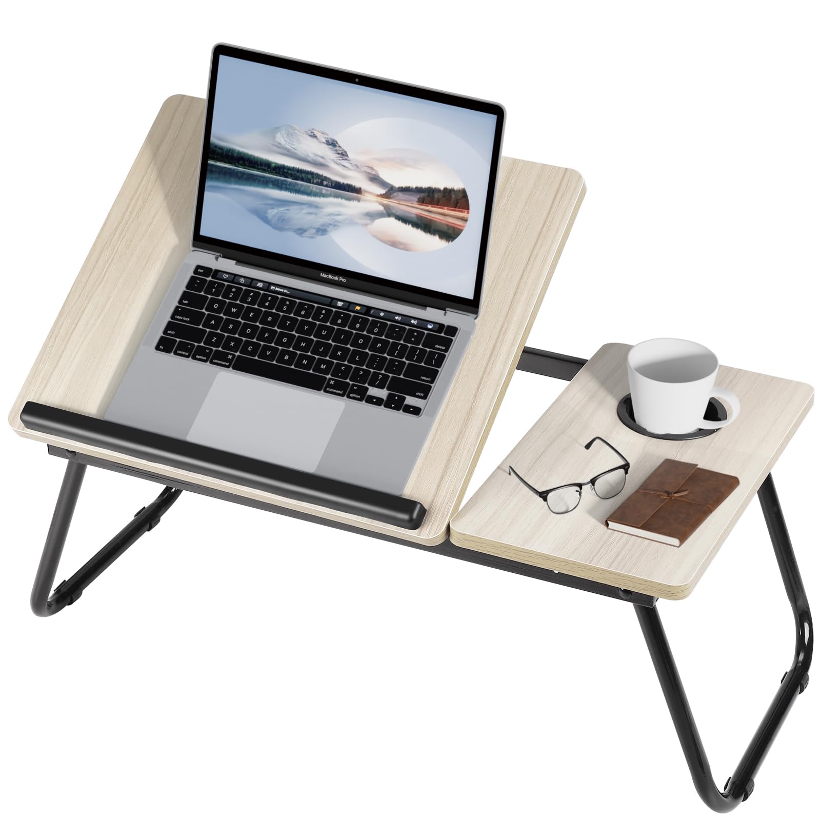 Warmiehomy Laptop Table - Foldable Bed Table with Five Adjustable Angles, Cup Holder and Legs for Bed Sofa Breakfast Work Study Reading, Beige — image 1