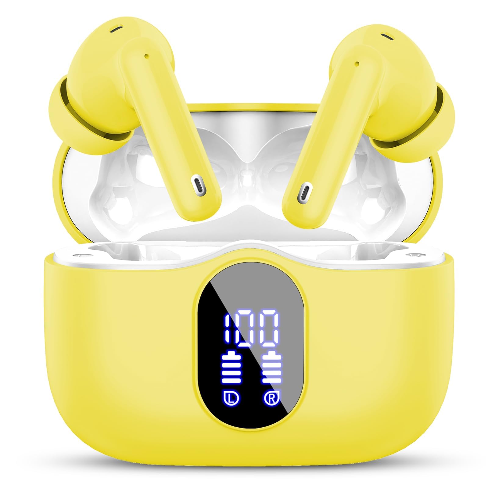 Btootos Wireless Earbuds, Bluetooth 5.4 Headphones In Ear with 4 ENC Noise Cancelling Mic, New Bluetooth Earbuds Mini Deep Bass Stereo Sound, 36H Playtime LED Display Wireless Earphones Yellow