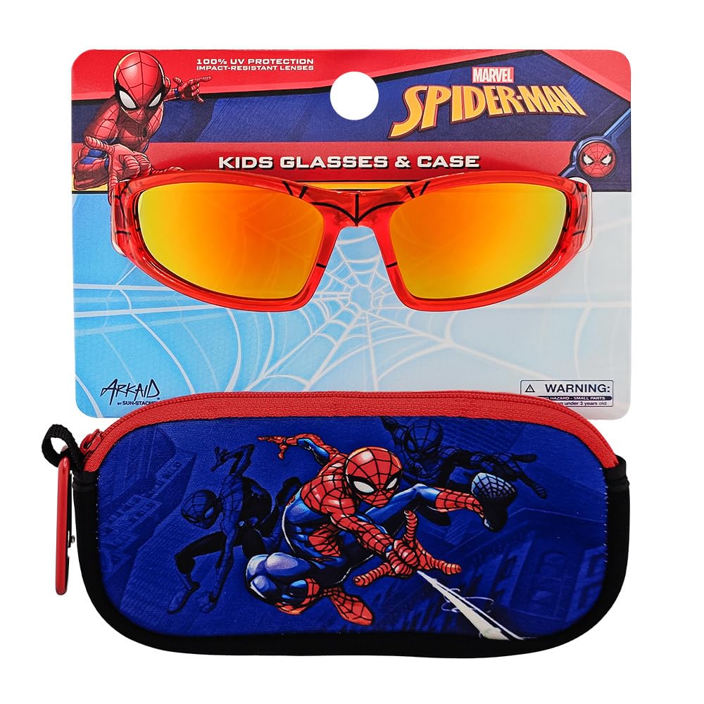 Arkaid Gafas de sol Spider-Man con funda, juego de accesorios oficiales de Marvel, lentes UV 400 seguras con funda protectora con cremallera para niños