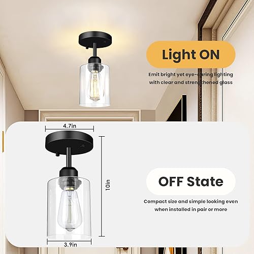 Miniatura 4 de Sheetea - Paquete de 3 luces de techo semiempotradas, modernas lámparas de techo con pantallas de vidrio transparente, iluminación industrial negra