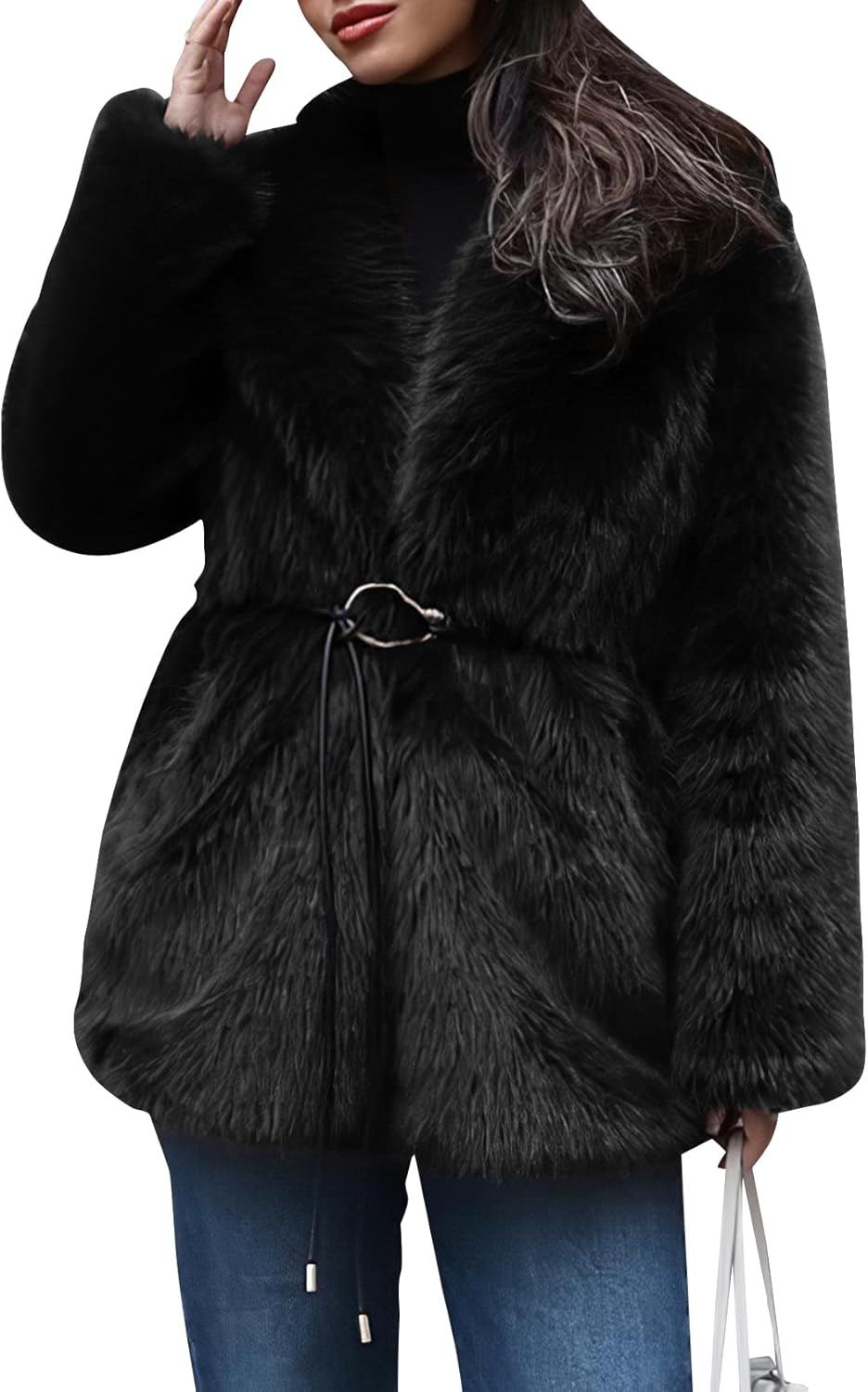 PEHMEA Women's Mid-Length Faux Fur Coats Winter Warm Fuzzy Jackets Lapel Fashion Luxury Fluffy Shaggy Parka Coat - Image 6