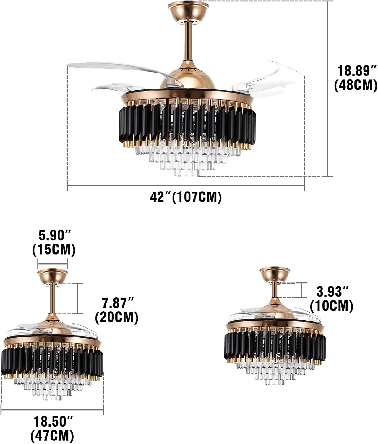 Ridgeyard 42" Crystal Ceiling Fan with Light, 3 Color 6 Speed Led Fan Chandelier Pendant Light with 4 Invisible Retractable Blades & App Remote Control for Living Dining Room Bedroom - Black Gold