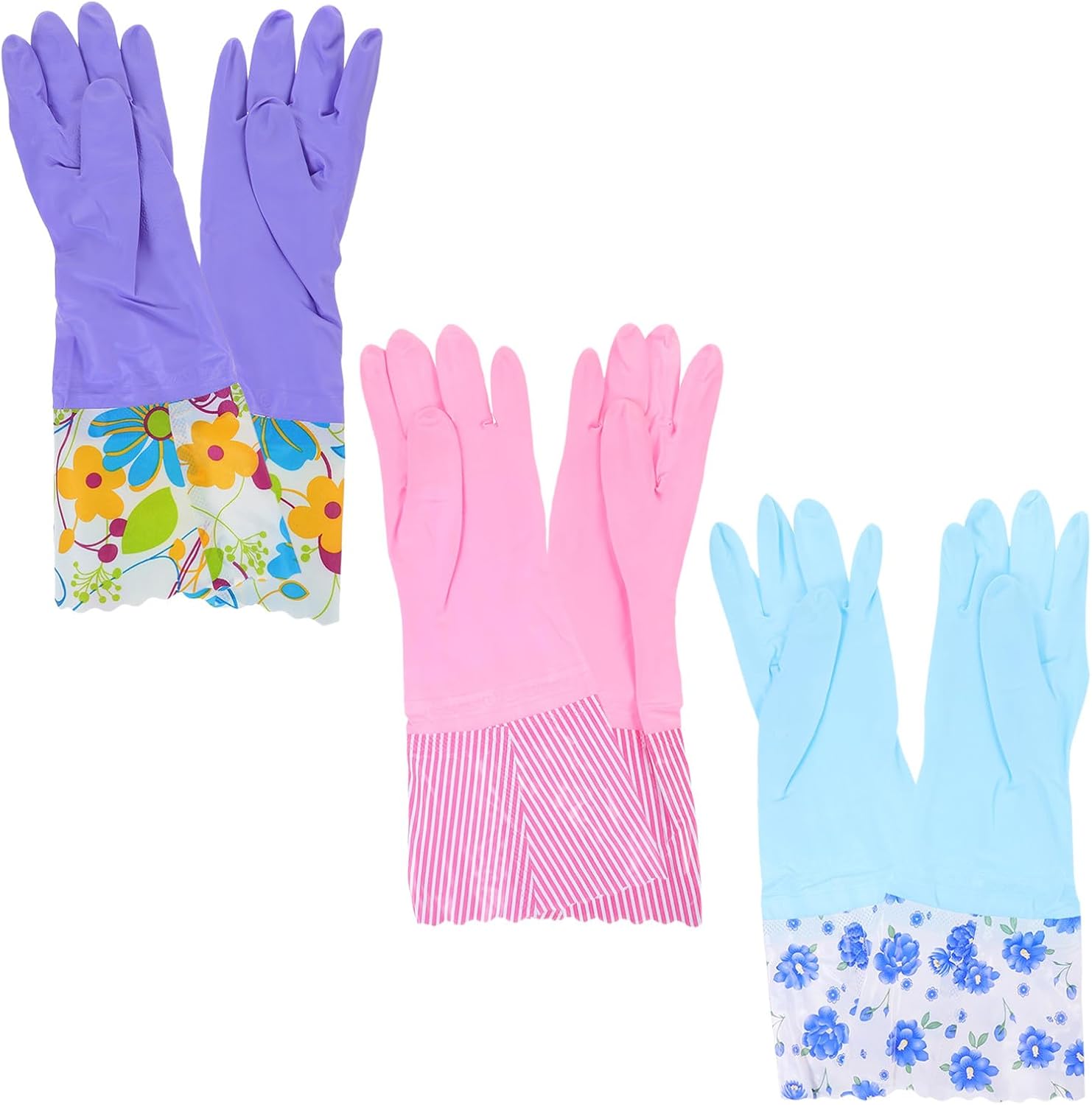 Cabilock Thick Waterproof Household Dishwashing Gloves 3 Pairs with Flock Lining Extended Length Latex Gloves for Kitchen Cleaning and Dishwashing Random Color