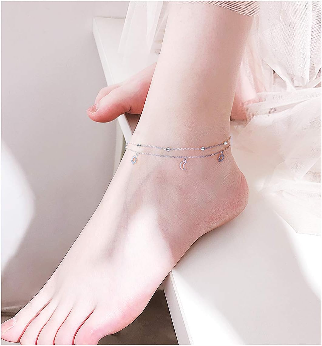 DAOCHONG Anklet for Women S925 Sterling Silver Adjustable Foot Heart Lotus Infinity Moon Srars Flower Pearl Multilayer Layered Ankle Bracelet Beach Jewelry - Image 2