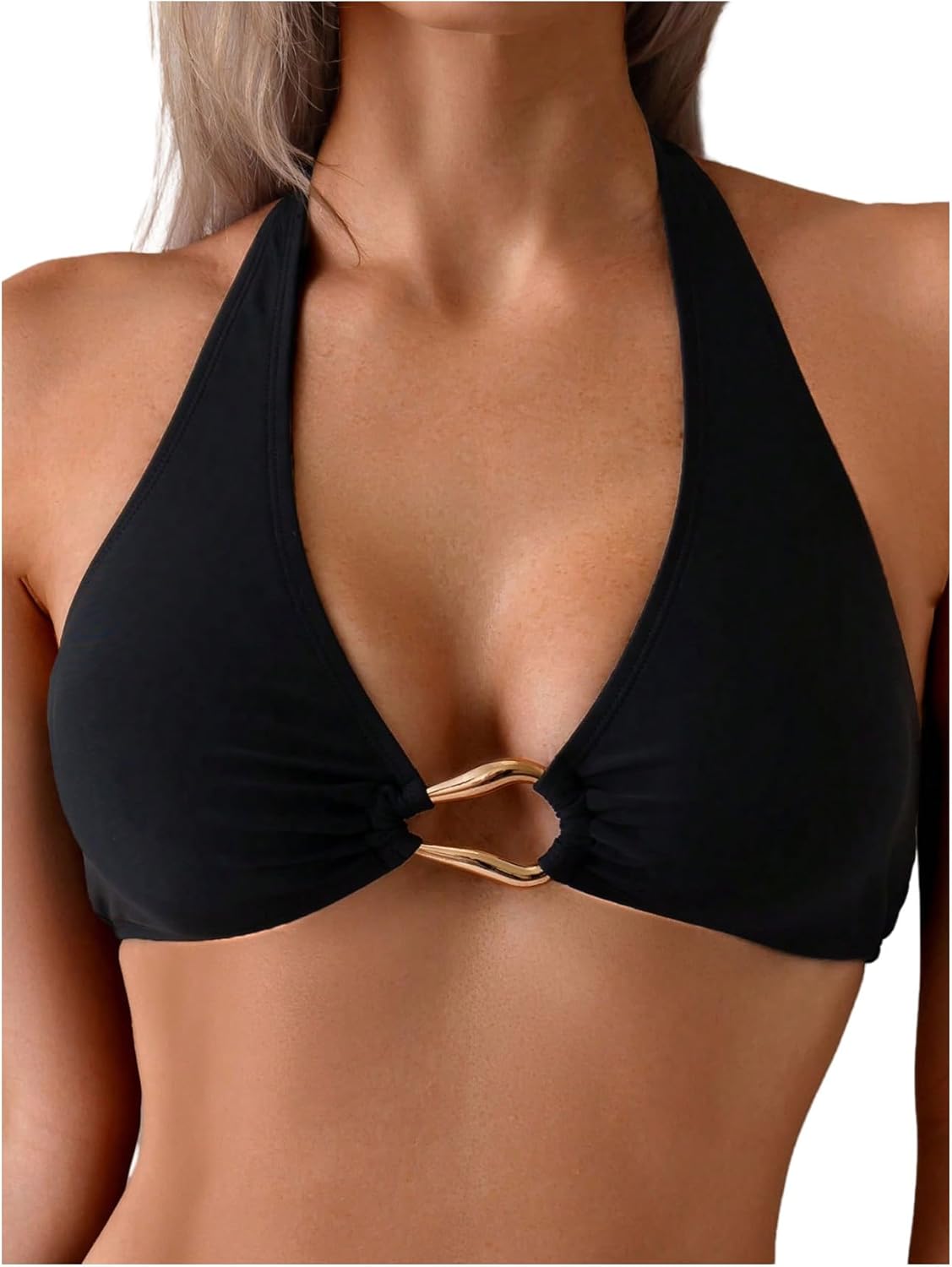 SOLY HUX Women's Halter Bikini Top Ring Linked Swim Tops Tie Back Summer Vacation Bathing Suit