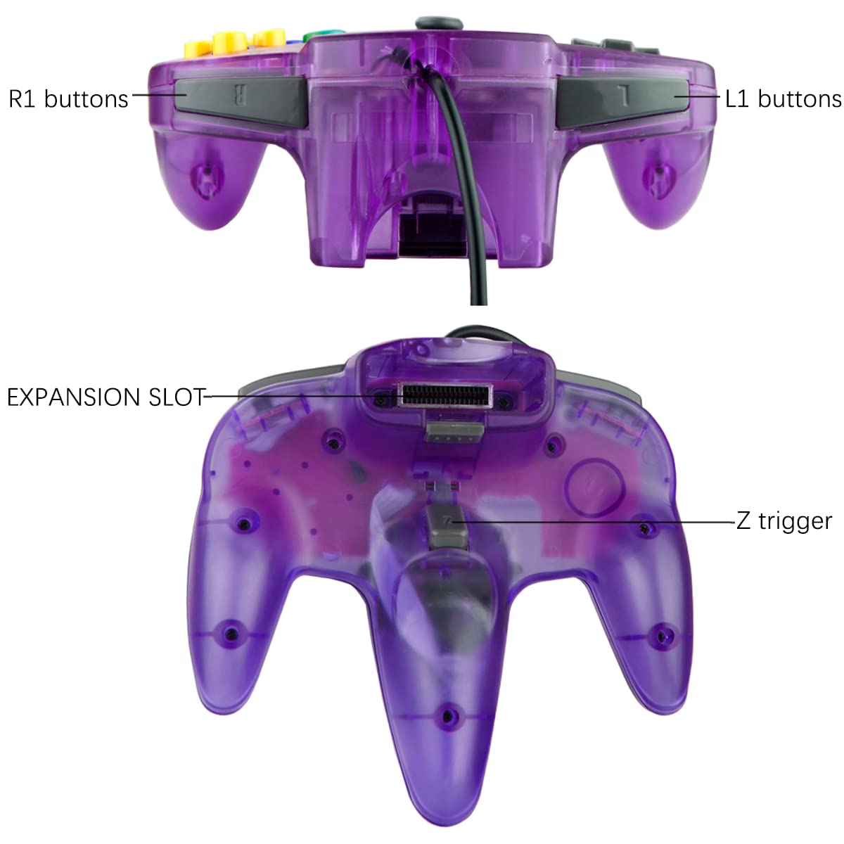 ZeroStory Klasyczny kontroler N64, przewodowy kontroler N64 z kablem AV 1,5 m N64 do konsoli do gier wideo N64 (przezroczysty, zielony i przezroczysty, fioletowy)