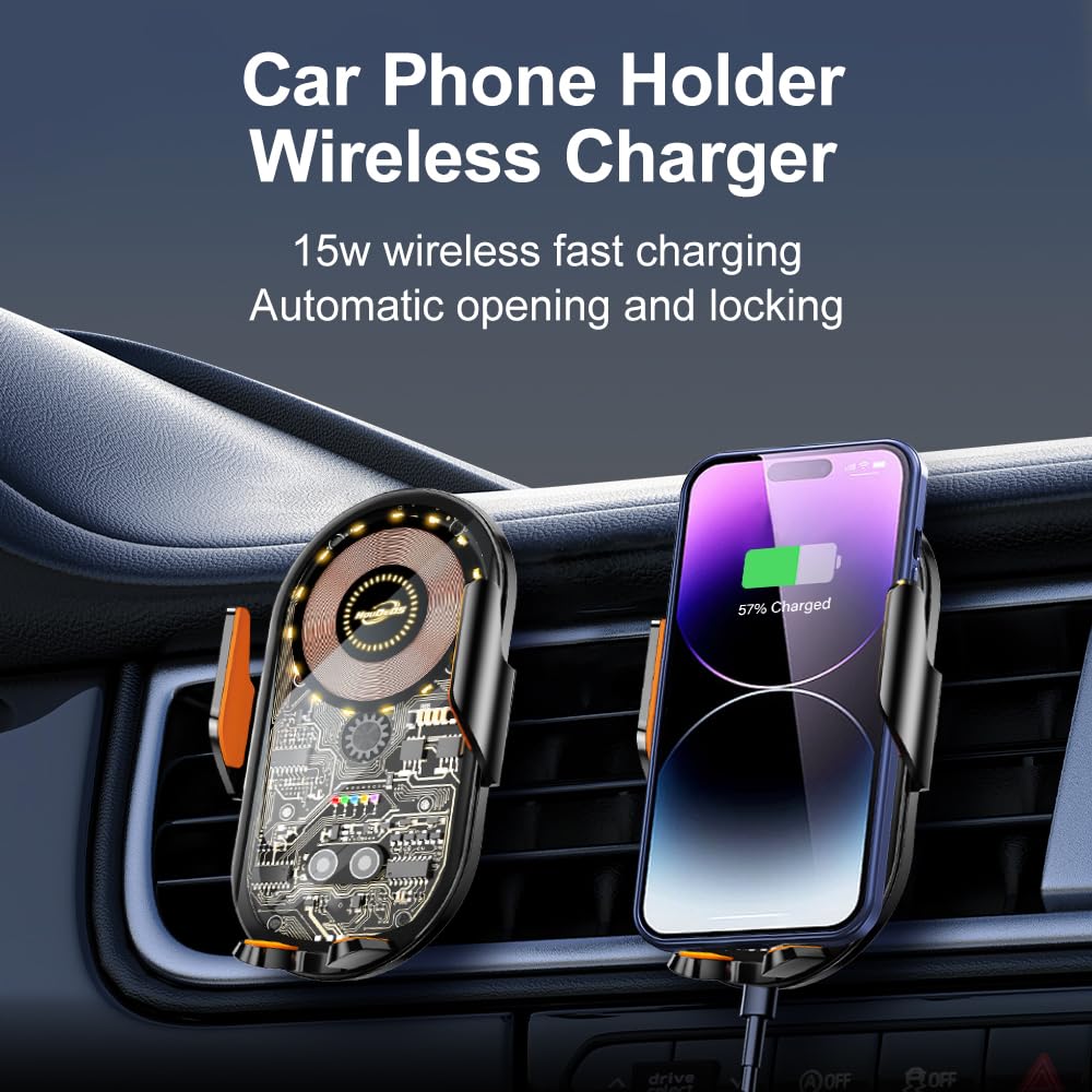 Car Phone Mount, Car Phone Mount Wireless Charger, Wireless Car Charger, Qi 15W Fast Charging Auto Clamp Mount Air Vent Phone Mount Compatible with All 4.7-7.2 Inch Devices