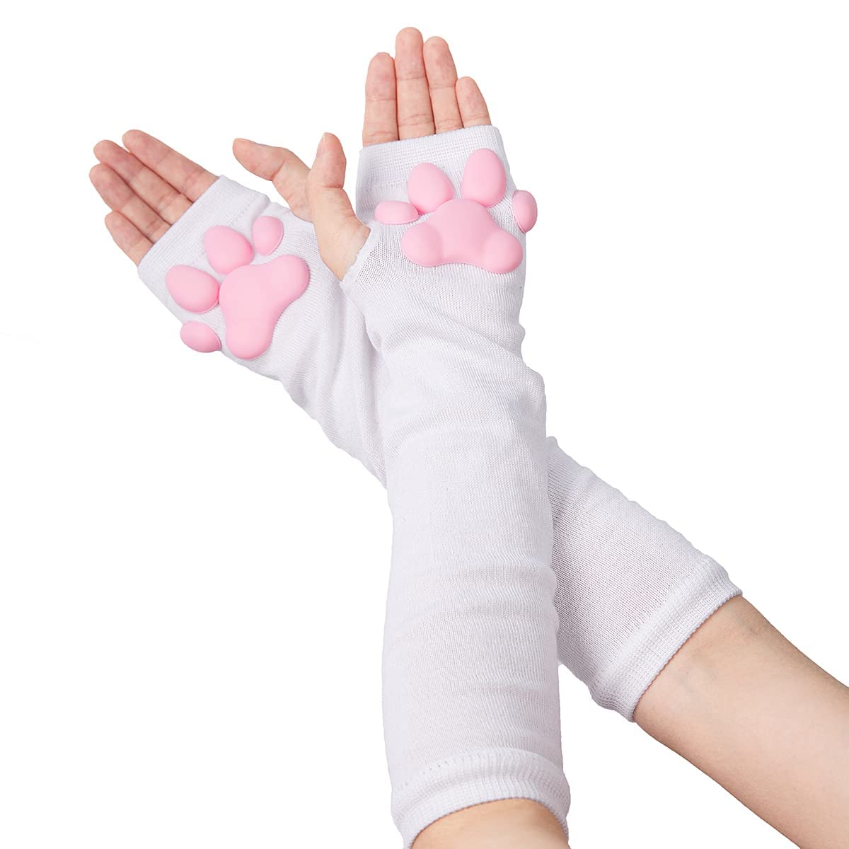 Sirolisa Women's White Long Gloves Cute Cat Paw Costume, Kawaii Soft 3D Toes Beans Fingerless Cat Claw Paws Cosplay Set For (White Long Gloves)