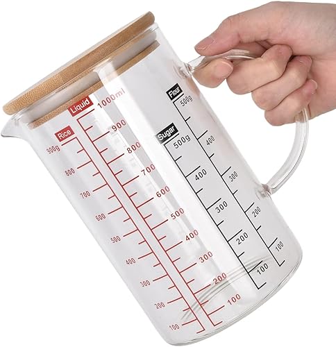 Taza medidora de vidrio transparente, taza medidora de vidrio con tapa Taza medidora con escalas de medición y boquilla para cocina o restaurante