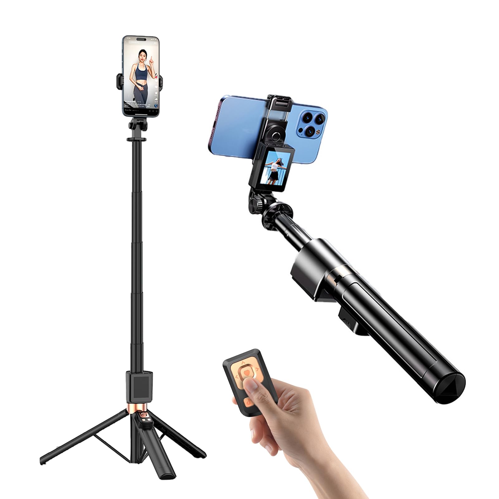 Kavolet Selfie Stick Treppiede con schermo di proiezione e scatto remoto per Vlog Live Streaming, morsetto universale per e telefono cellulare, treppiede estensibile in lega di alluminio da utilizzare