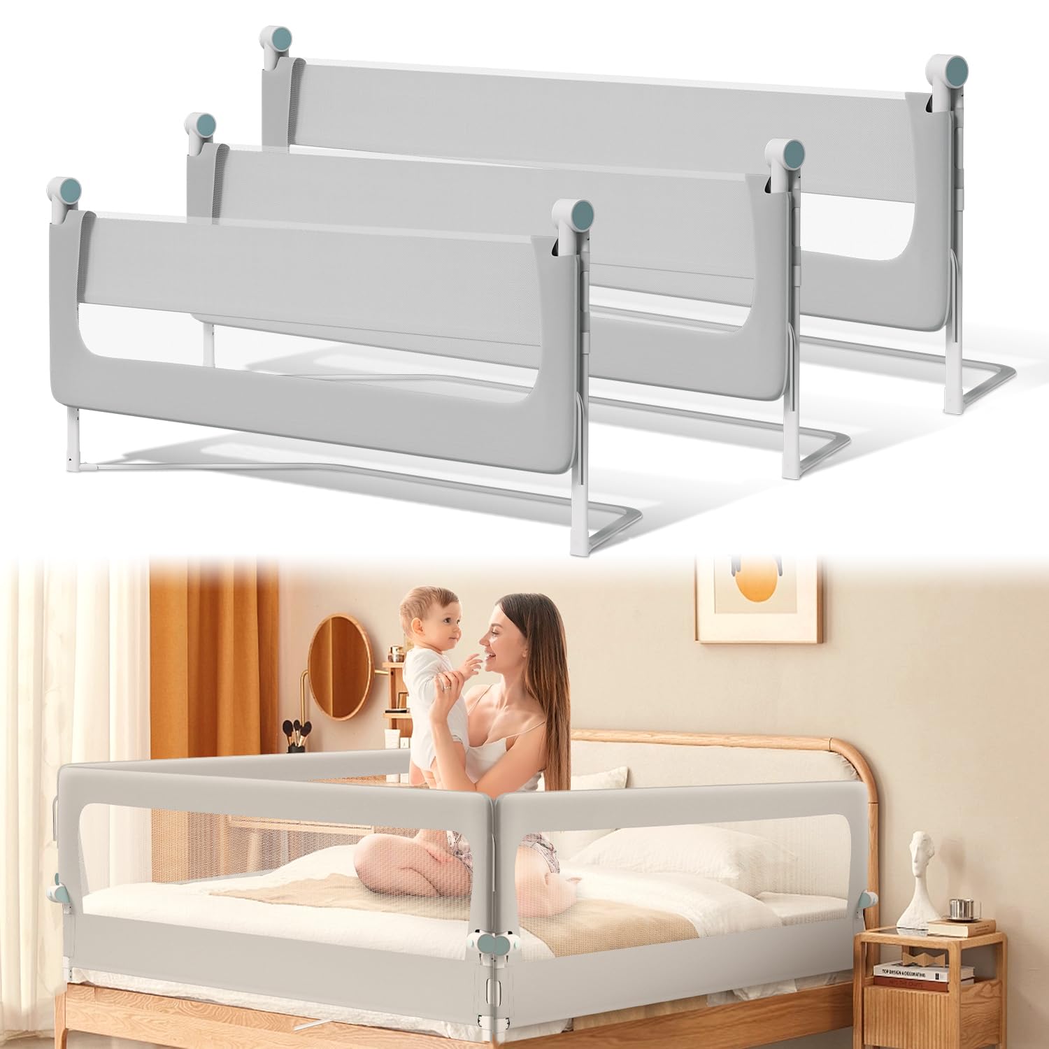 Ikodm Rausfallschutz Bett, Rausfallschutz Boxspringbett 180cm, Bettgitter höhenverstellbar 72-86 cm, zusammenklappbar um 180 Grad, luftiges Netz, einfache Montage, Grau