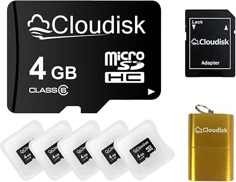 Pack of 5 Micro SD Card 4GB Flash Memory Card C6 Micro SDHC with SD Adapter, Card Reader 4 GB