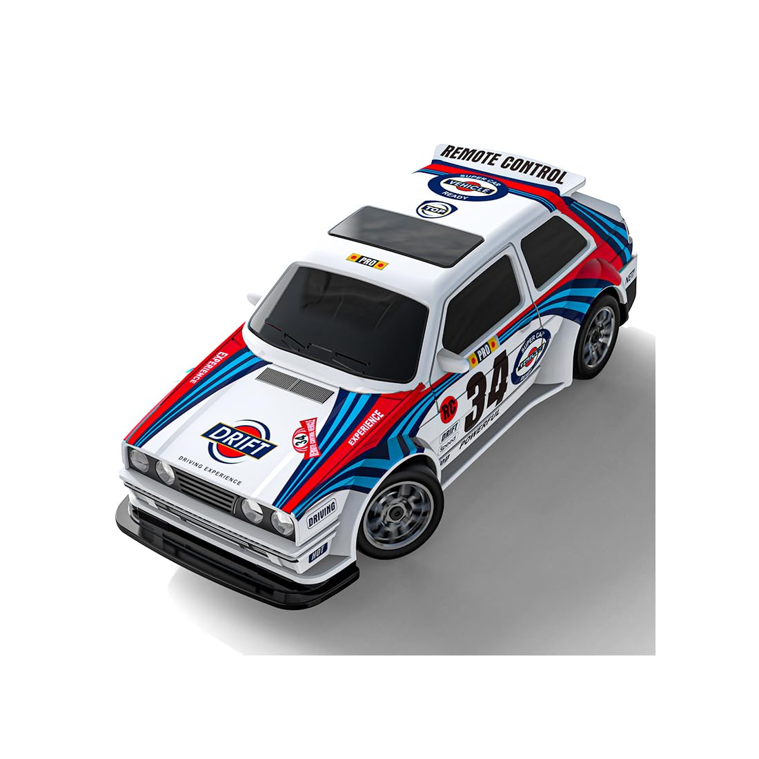 Coche teledirigido 1:43, 2,4 GHz 4WD RC coche, iluminación LED, velocidad ajustable, neumáticos de carreras y pilones, RTR, vehículo interior y exterior