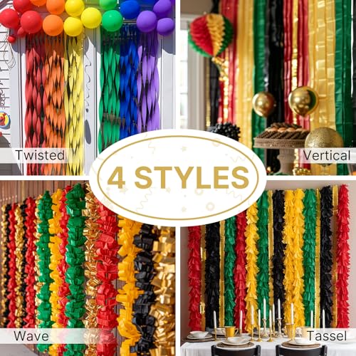 Image of PartyWoo Crepe Paper Streamers 6 Rolls 492ft, Pack of Red Black Green Streamers, Crepe Paper for Kwanzaa Party Decorations, Black History Month Decorations (1.8 in x 82 Ft /Roll)