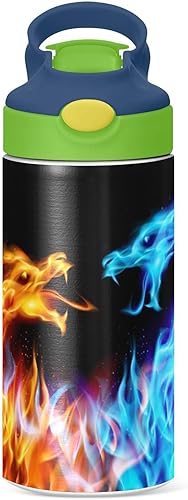Botella de agua para niños con popote y asa de transporte con diseño de dragón rojo y azul fuego, botellas de acero inoxidable aisladas al vacío,