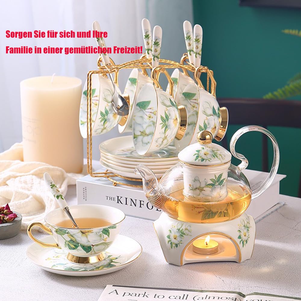 9 Stück Europäischen Blumen Tee Set,Muster Bone China Tee Set Service Kaffee Set, Beheizte Glas Teekanne, Für Geschenk Und Haushalt, Hochzeit (Kamelienblüten-Muster)
