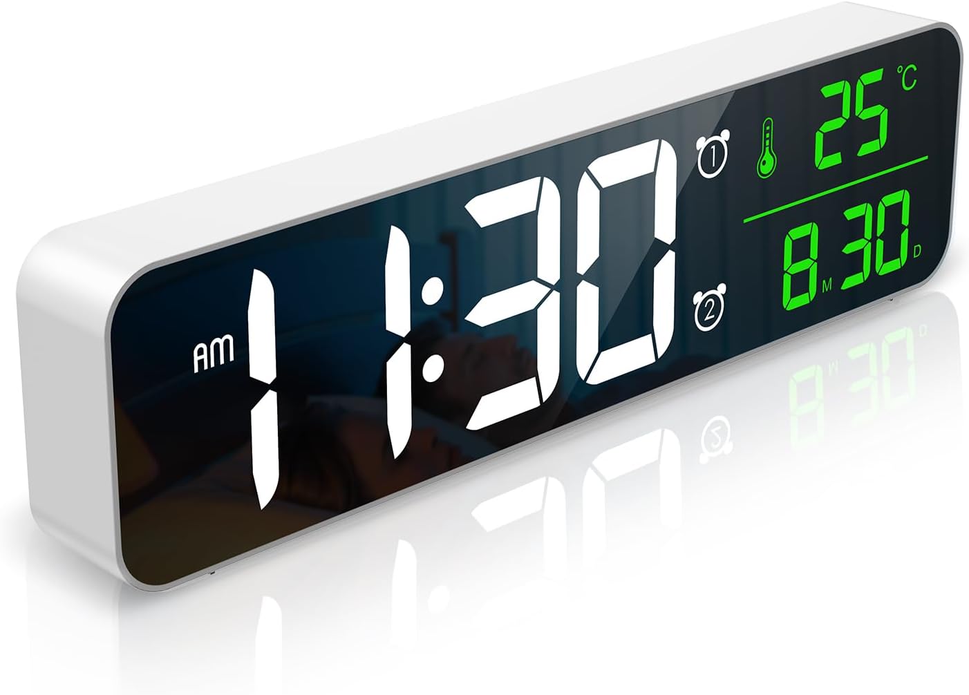 ORIA Digital Alarm Clock Mains Powered, Wall Clock LED Bedside [10" Large Display], Mirror Electric Desk Clocks with Date/Time/Temp Display, 40 Music, 6 Brightness, 4 Volumes, 2 Alarms (White)